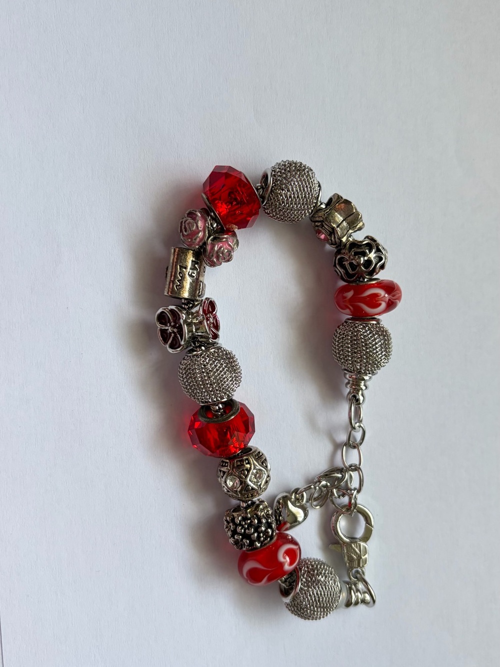 Red & Silver Bead Charm Bracelet - Women Jewelry